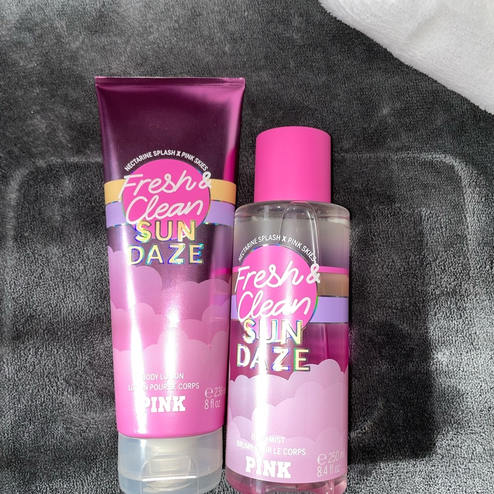 PINK fresh and clean sundaze lotion and body mist.